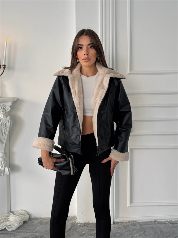 İçi Kürklü Deri Mont - Siyah