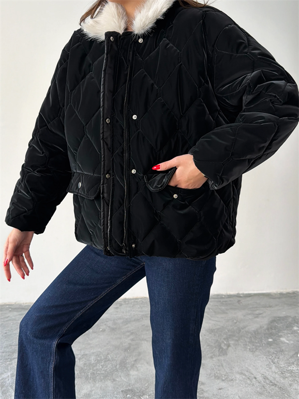 Kapitone Kürk Detay Mont  - Siyah