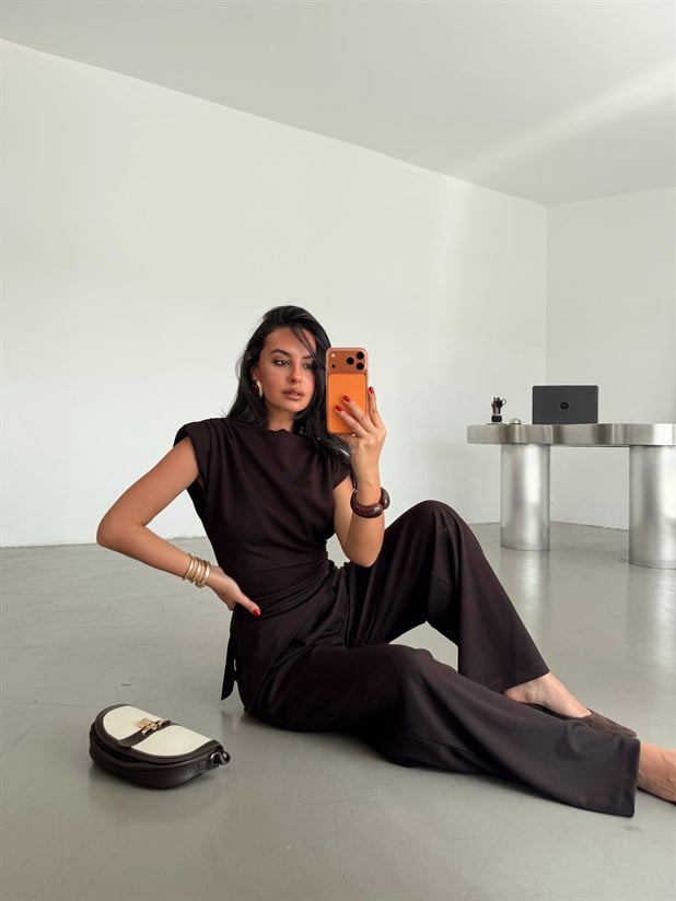 Vatkalı Asimetrik Modal Takım - Kahve