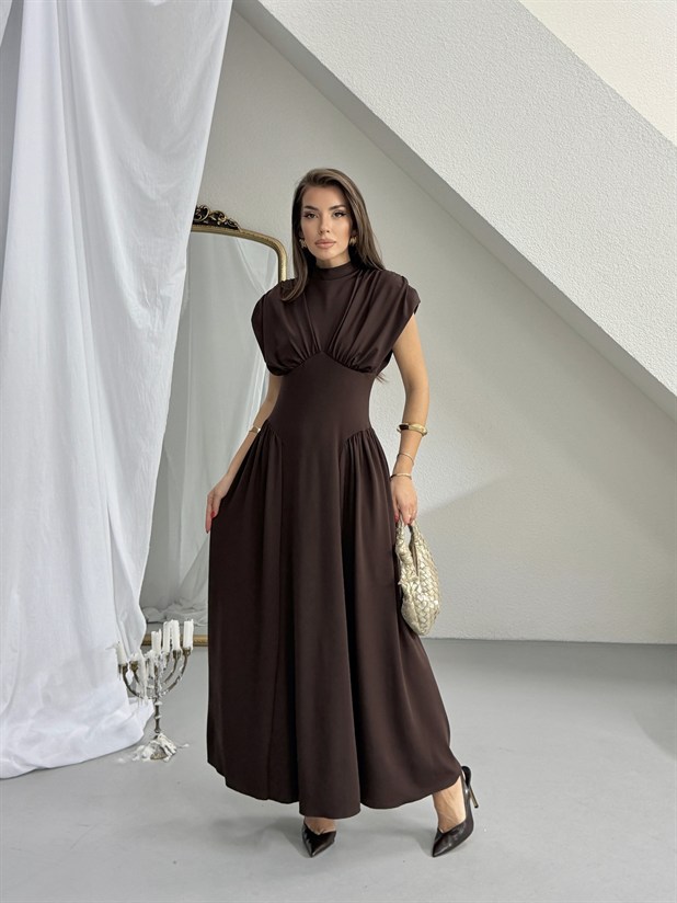 Korse Detaylı Drapeli Elbise - Kahve