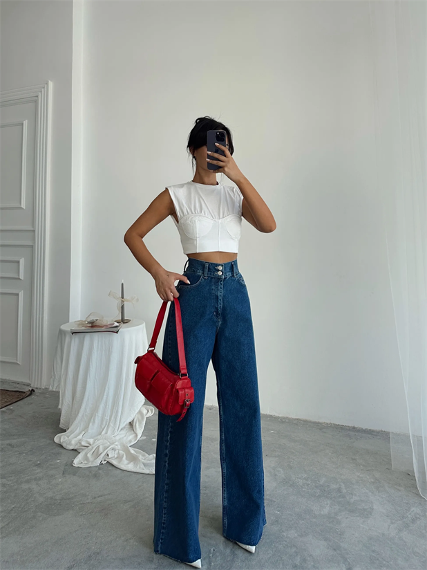 Geniş Kemerli Baggy Jean  - Mavi