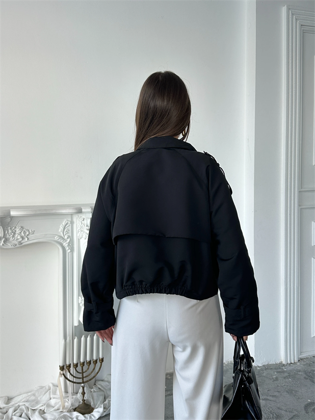 Dört Düğmeli Crop Trençkot - Siyah