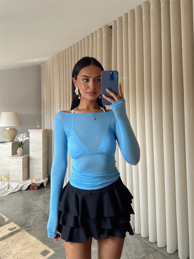 Kayık Yaka Transparan Bluz  - Bebe Mavi
