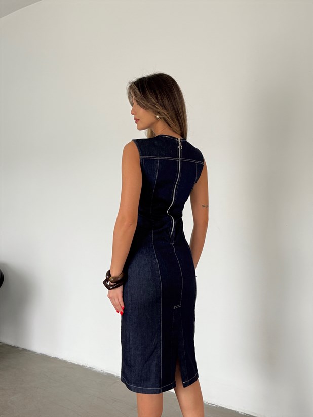 Arkası Fermuarlı Likralı Denim Elbise - Lacivert