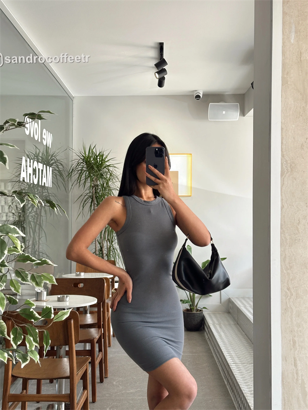 Halter Yaka Fitilli Elbise Füme - Füme