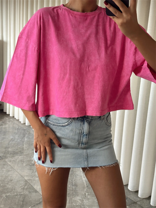 Yıkamalı Düz Crop Basic - Pembe