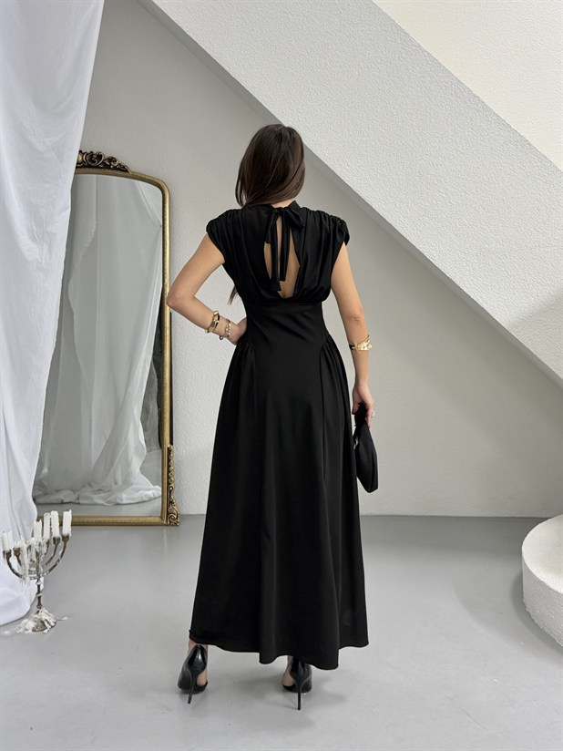 Korse Detaylı Drapeli Elbise - Siyah