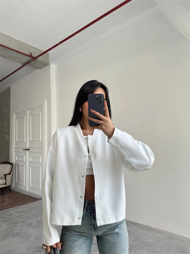 Yaka Ribana Cıt Cıt Detay Ceket Beyaz - Beyaz