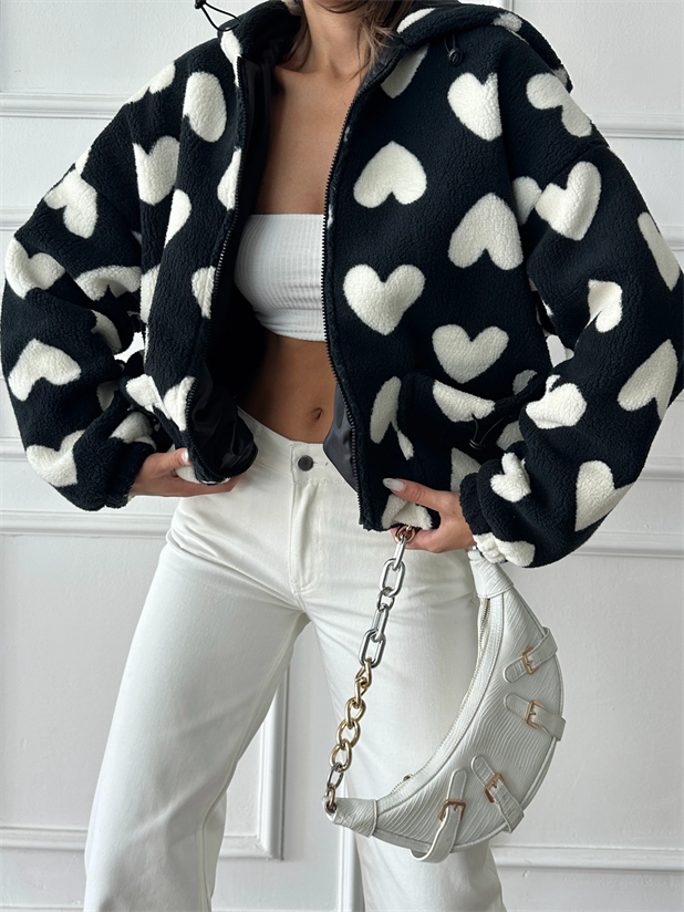Kalp Desenli Fermuarlı Peluş - Siyah
