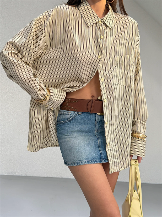 Çizgili Oversize Gömlek - Sarı