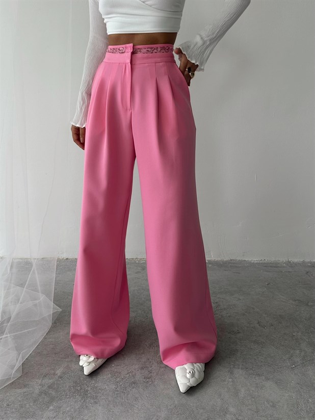 Kemeri Dantel Detaylı Palazzo Pantolon  - Pembe