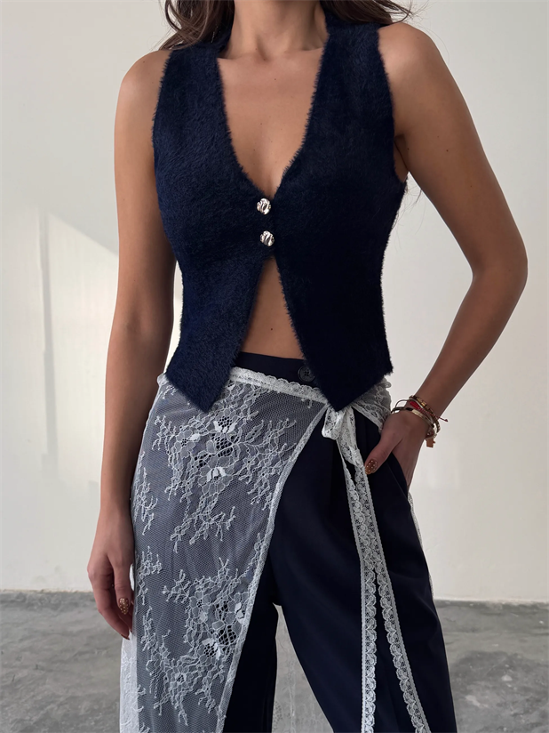 İki Düğmeli Yumoş Yelek - Lacivert