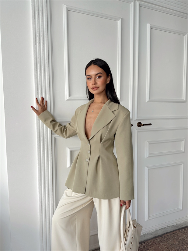 Pile Detay Oturtmalı Blazer Ceket  - Çağla Yeşili