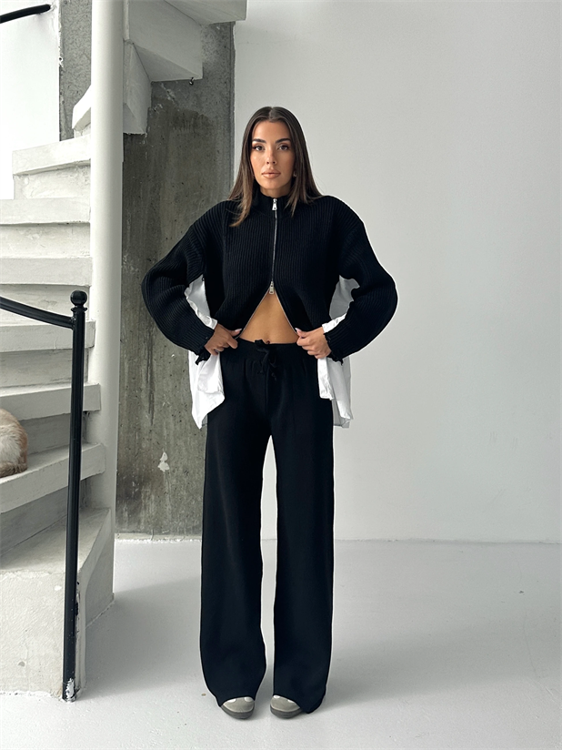 Poplin Fermuarlı Triko Takım - Siyah