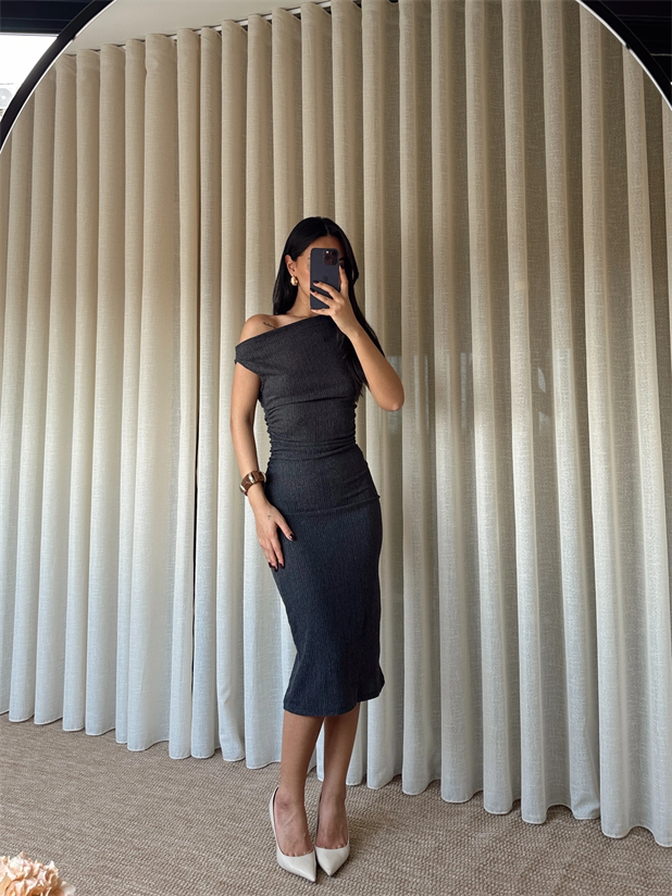 Yanları Drapeli Sıfır Kol Elbise - Antrasit