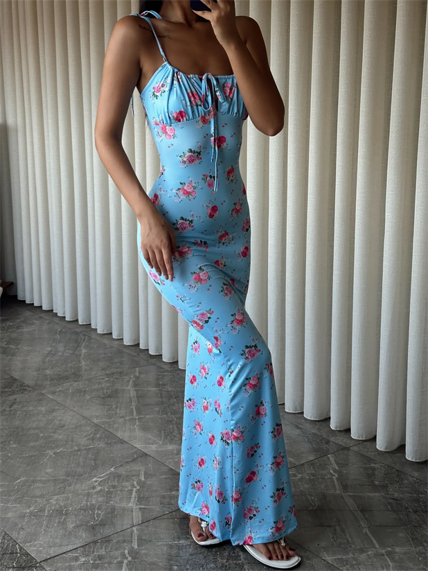 Çiçek Desen Maxi Elbise  - Bebe Mavi