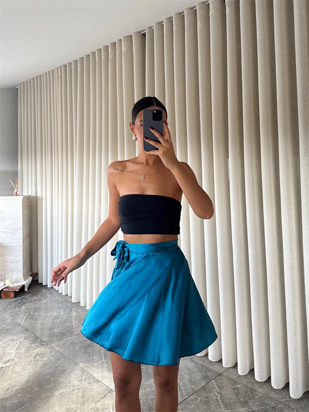 Belden Bağlamalı Saten Etek Petrol Mavisi - Petrol Mavisi