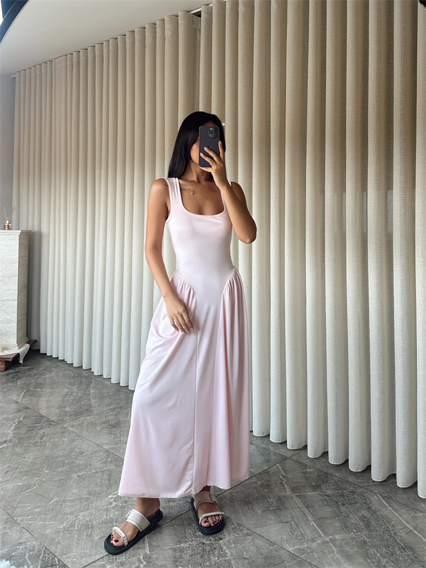 Korse Detaylı Midi Elbise - Pembe