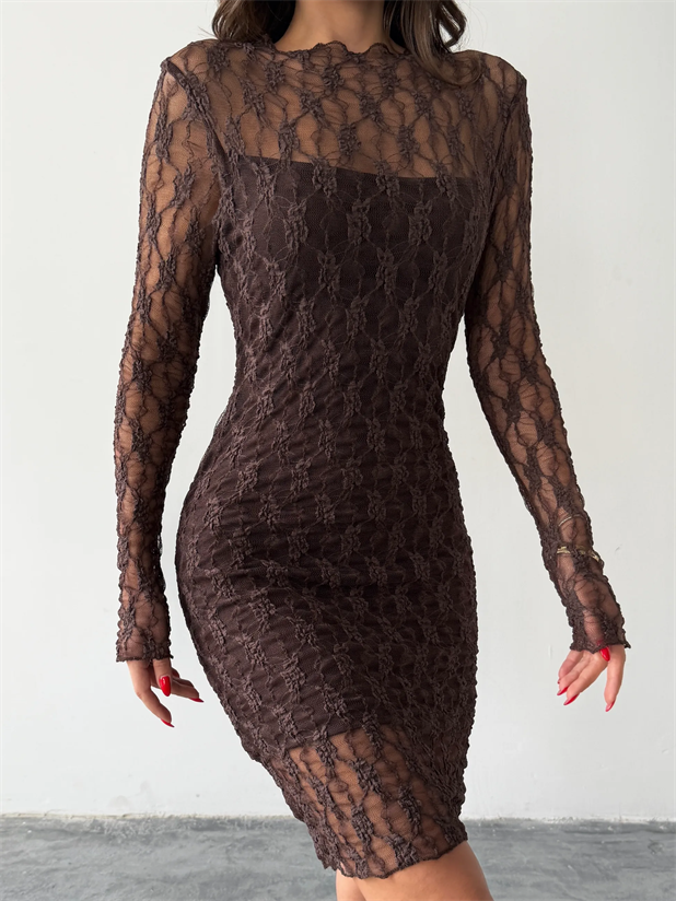 İç Astarlı Dantel Elbise - Kahve