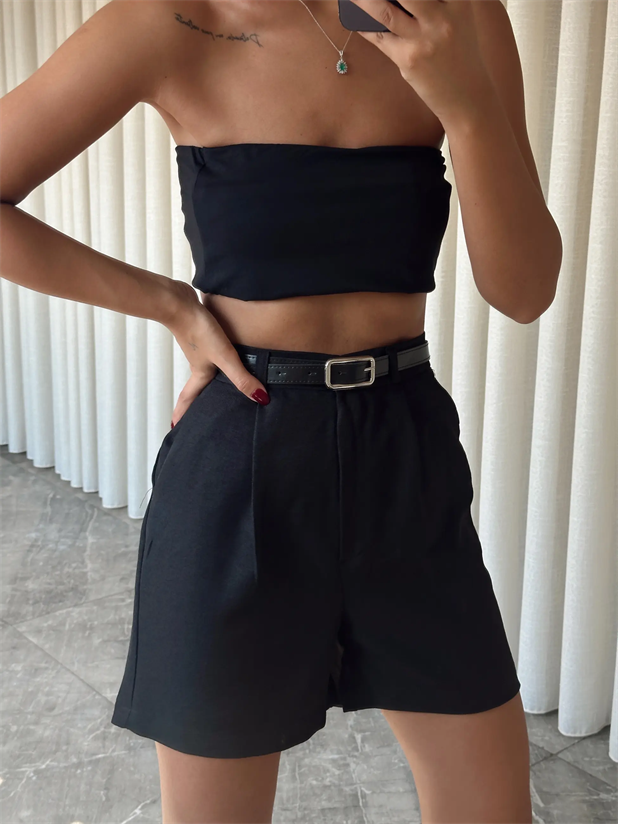 Keten Tek Pile Kemerli Şort - Siyah