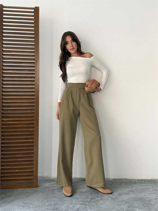 Bel Cırtlı Palazzo Pantolon  - Haki