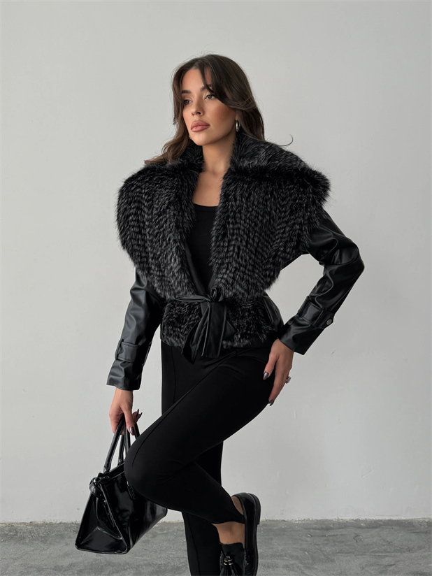 Premium Kürklü Deri Ceket  - Siyah