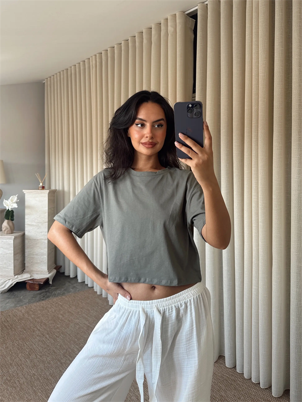 Düz Kısa Kol Crop Basic - Haki