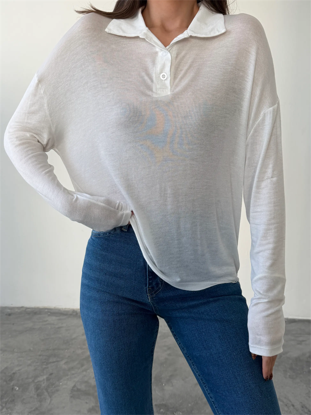 Polo Yaka Salaş Bluz - Beyaz