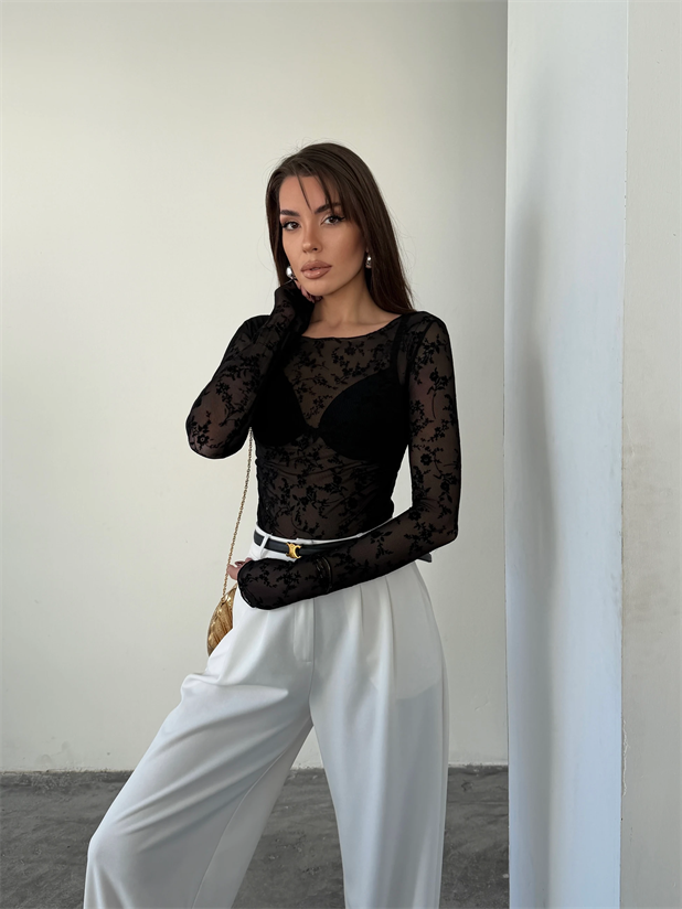 Flok Baskılı Basic Bluz - Siyah