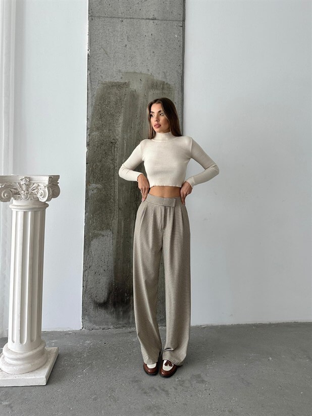 Cırtlı Bel Lastik Pantolon - Ekru