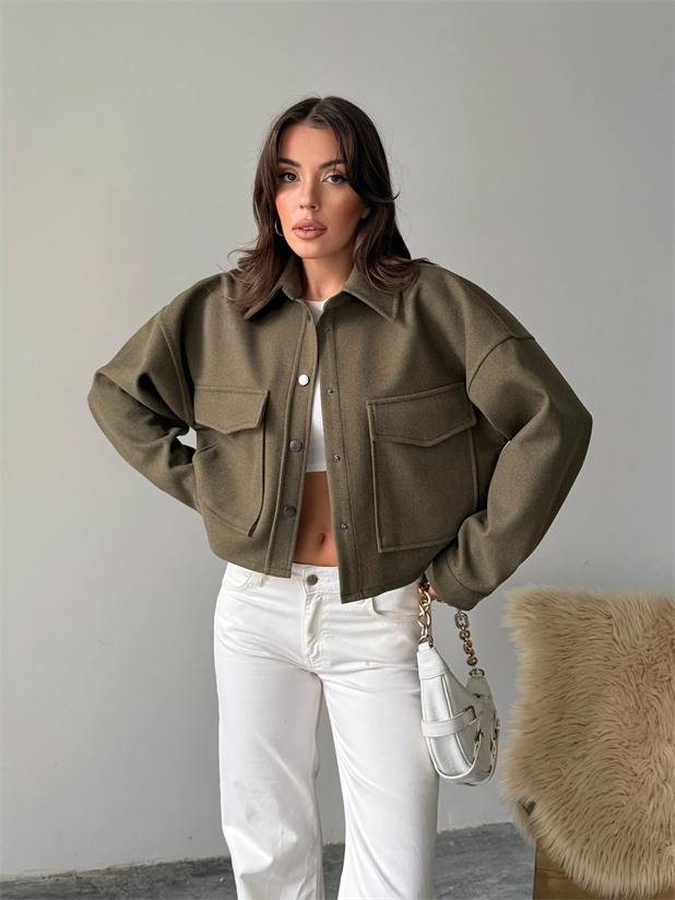 Metal Çıtçıtlı Kaşe Ceket  - Haki