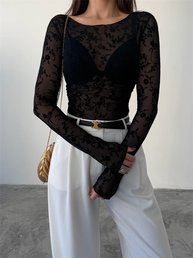 Flok Baskılı Basic Bluz - Siyah