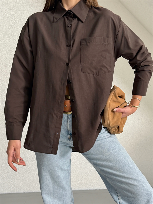 Tek Cep Boyfriend Gömlek - Kahve