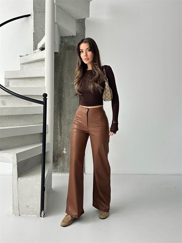 Düz Kesim Şardonlu Deri Palazzo  - Taba