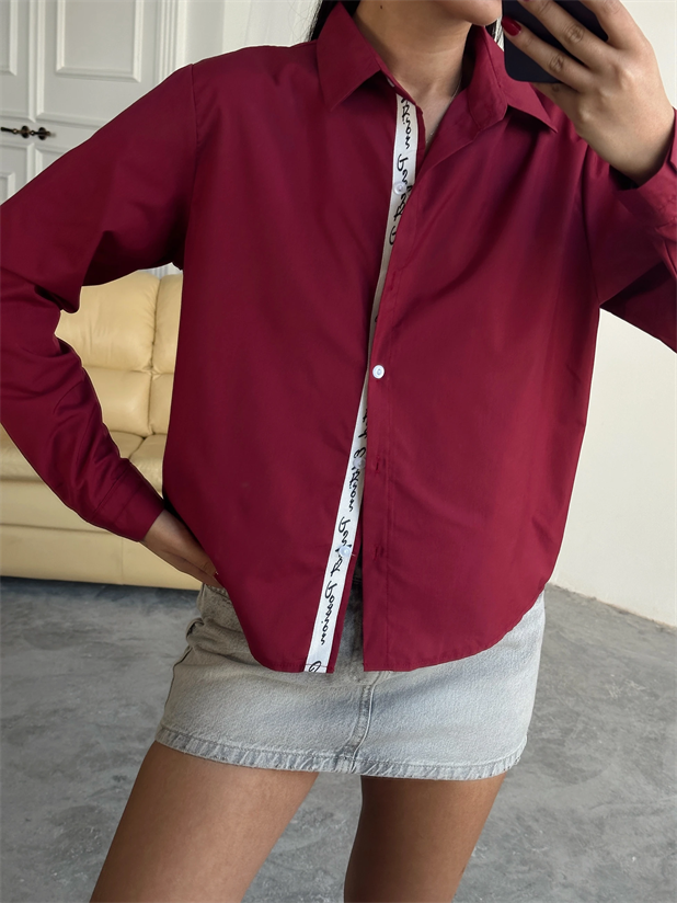 Kol Ve Pat Şerit Crop Gömlek - Bordo