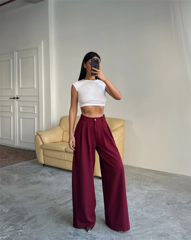 Yandan Katlama Düğme Detay Palazzo - Bordo