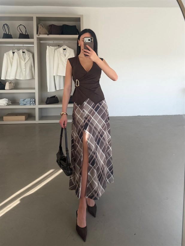 Geometrik Desenli Saten Etek - Haki