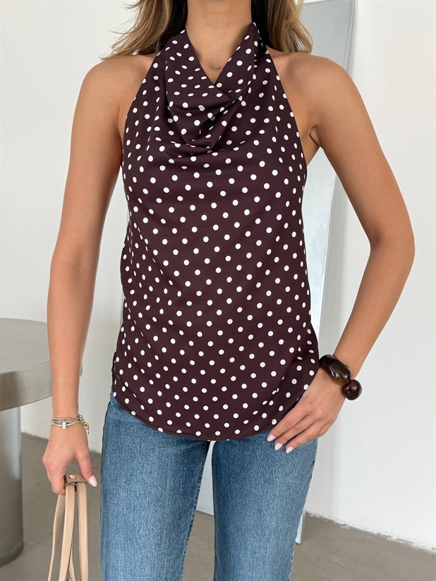 Sırtı Açık Puantiyeli Bluz - Kahve