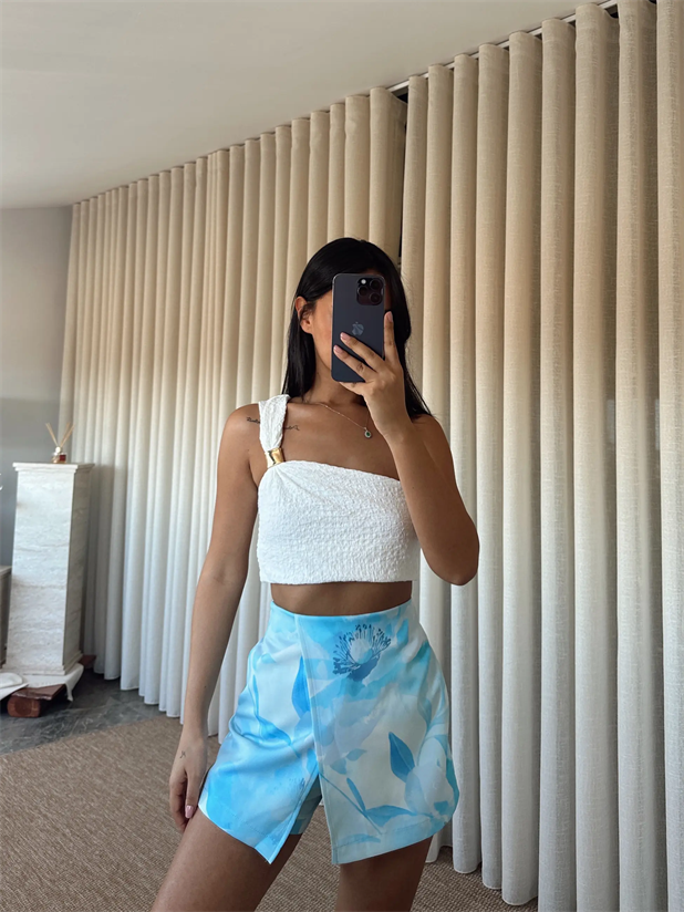 Çiçek Baskılı Mini Şort Etek - Mavi