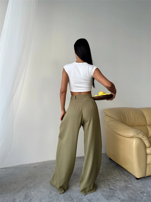 Yandan Katlama Düğme Detay Palazzo - Haki Yeşil