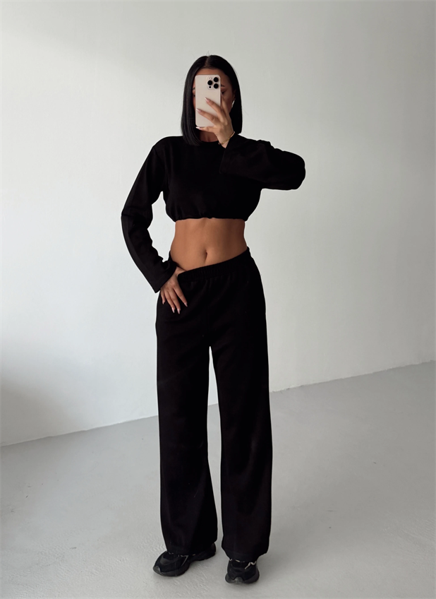 Bağcık Detay İkili Eşofman Takım Siyah - Siyah