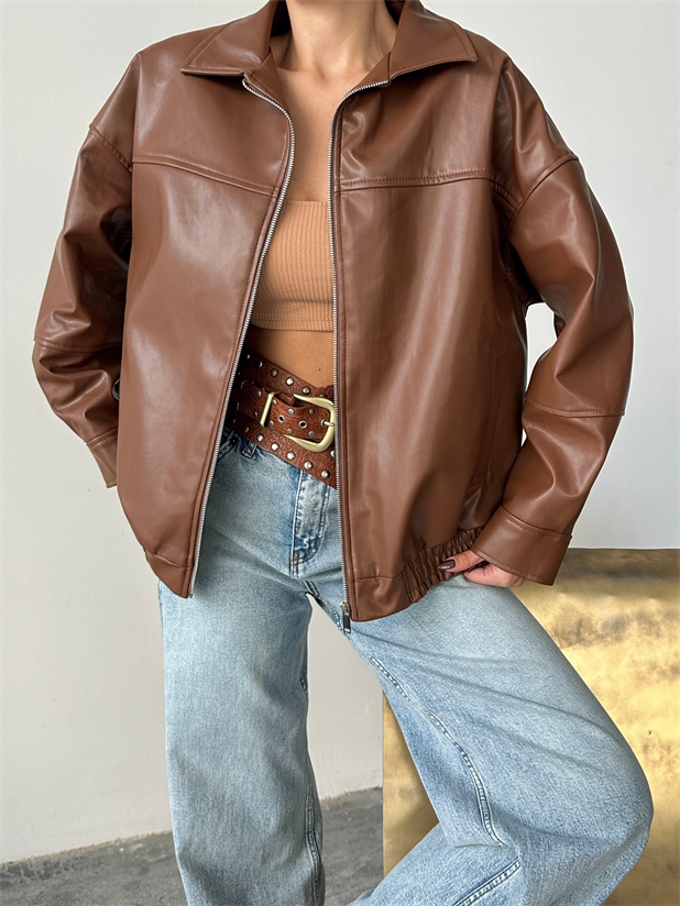 Deri Fermuarlı Bomber Mont - Taba