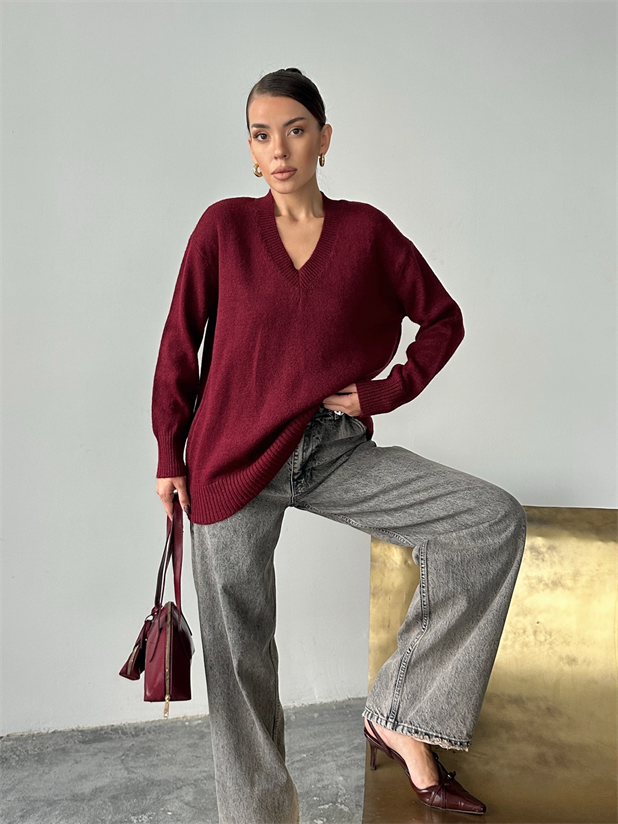 V Yaka Ribanalı Triko Kazak - Bordo