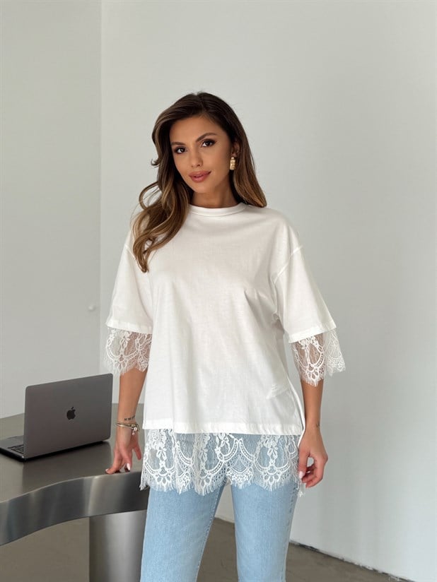 Sırtı Dantel Detaylı T-shirt - Beyaz