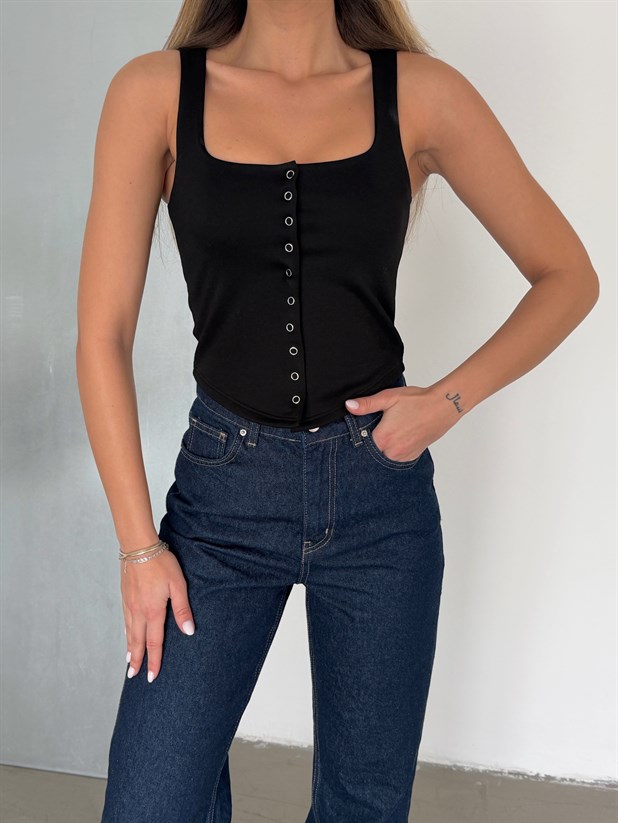 Kare Yaka Çıtçıtlı Bluz - Siyah