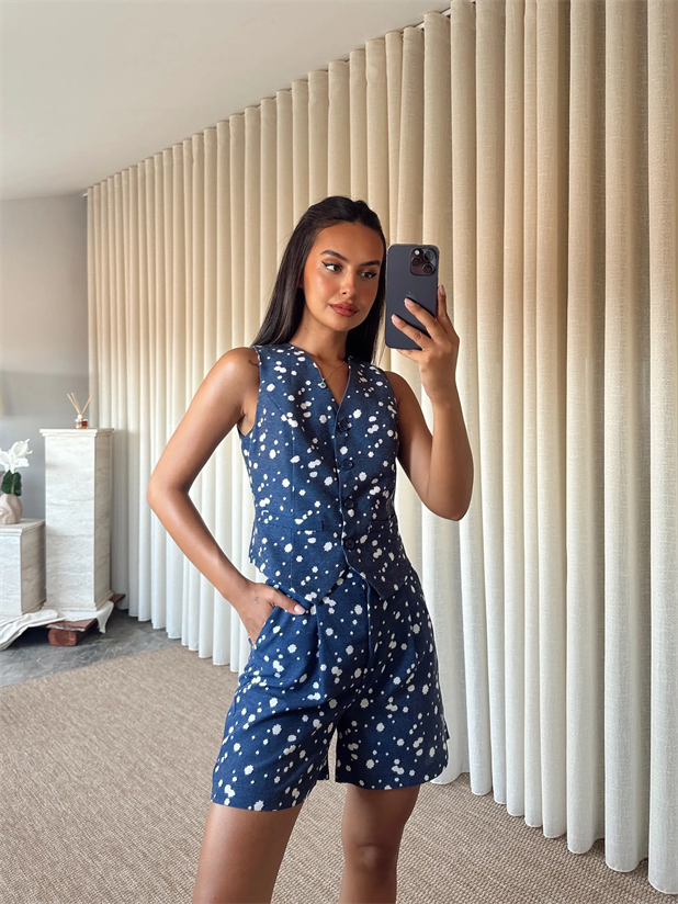 Desenli Şort-Yelek Takım  - Lacivert