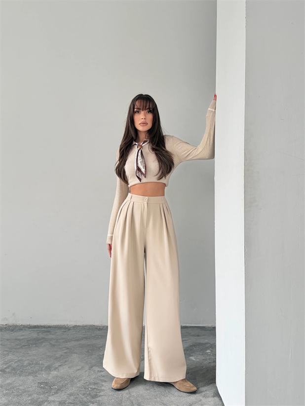 Üç Pile Palazzo Pantolon - Taş