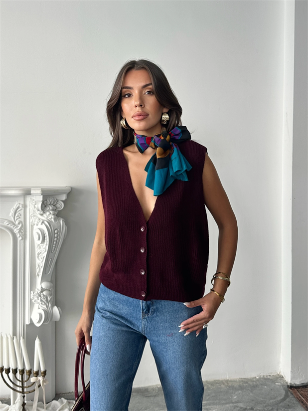 Dört Düğme Selanik Yelek - Bordo