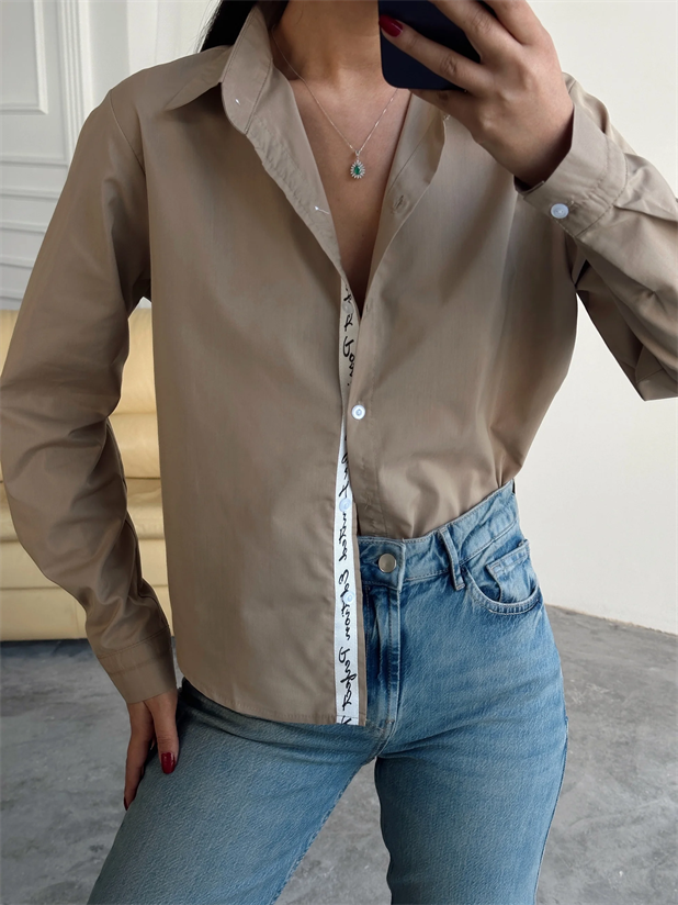 Kol Ve Pat Şerit Crop Gömlek - Camel