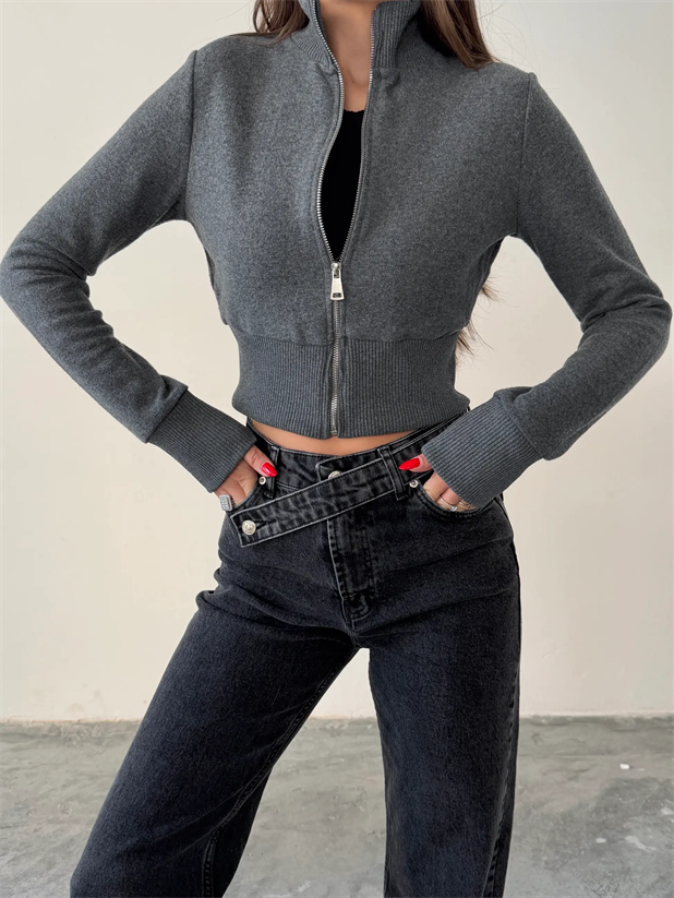 Ribanalı Balıkçı Triko Hırka - Gri